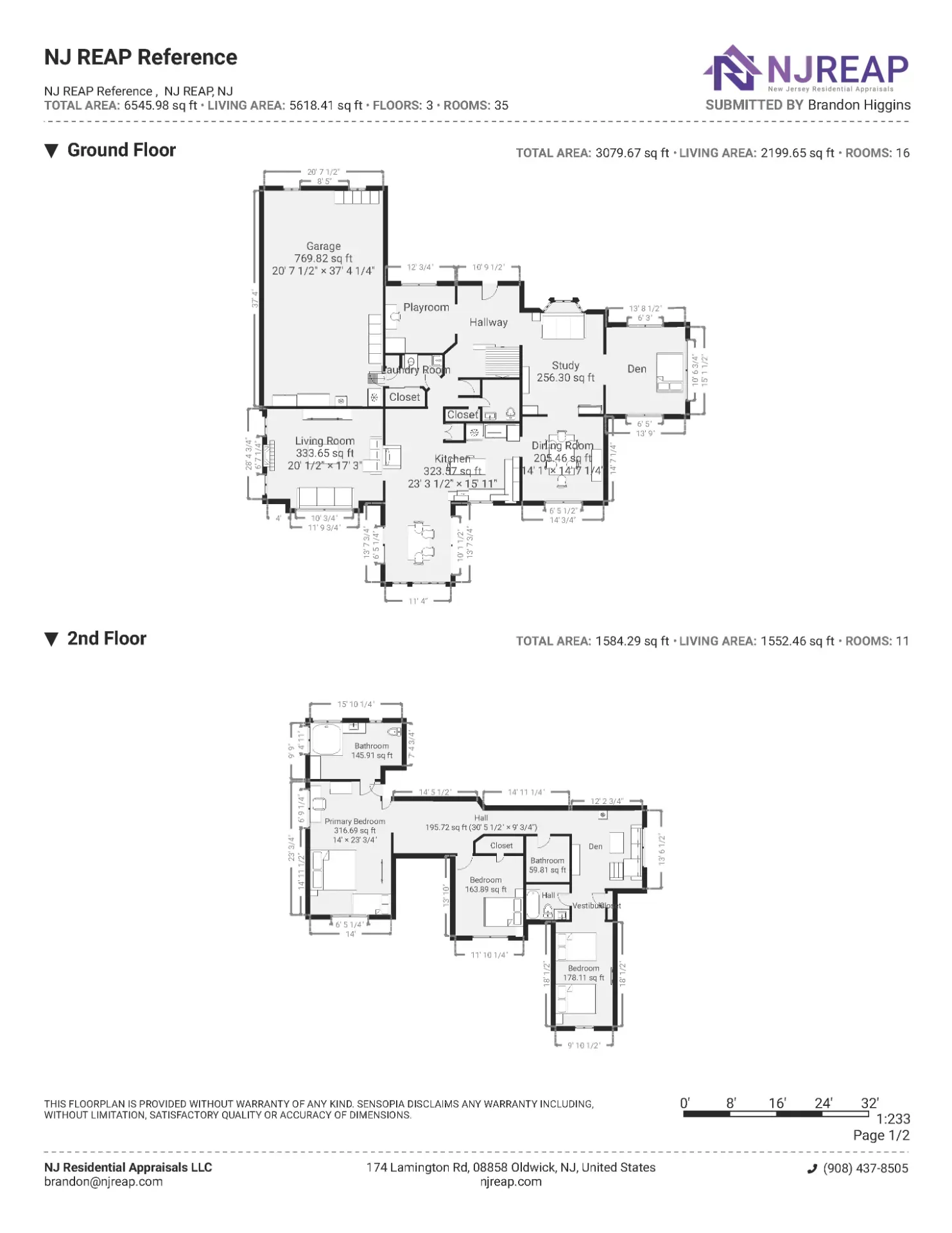 A measured two-storey floor plan showing room dimensions, gross living area and a scale bar